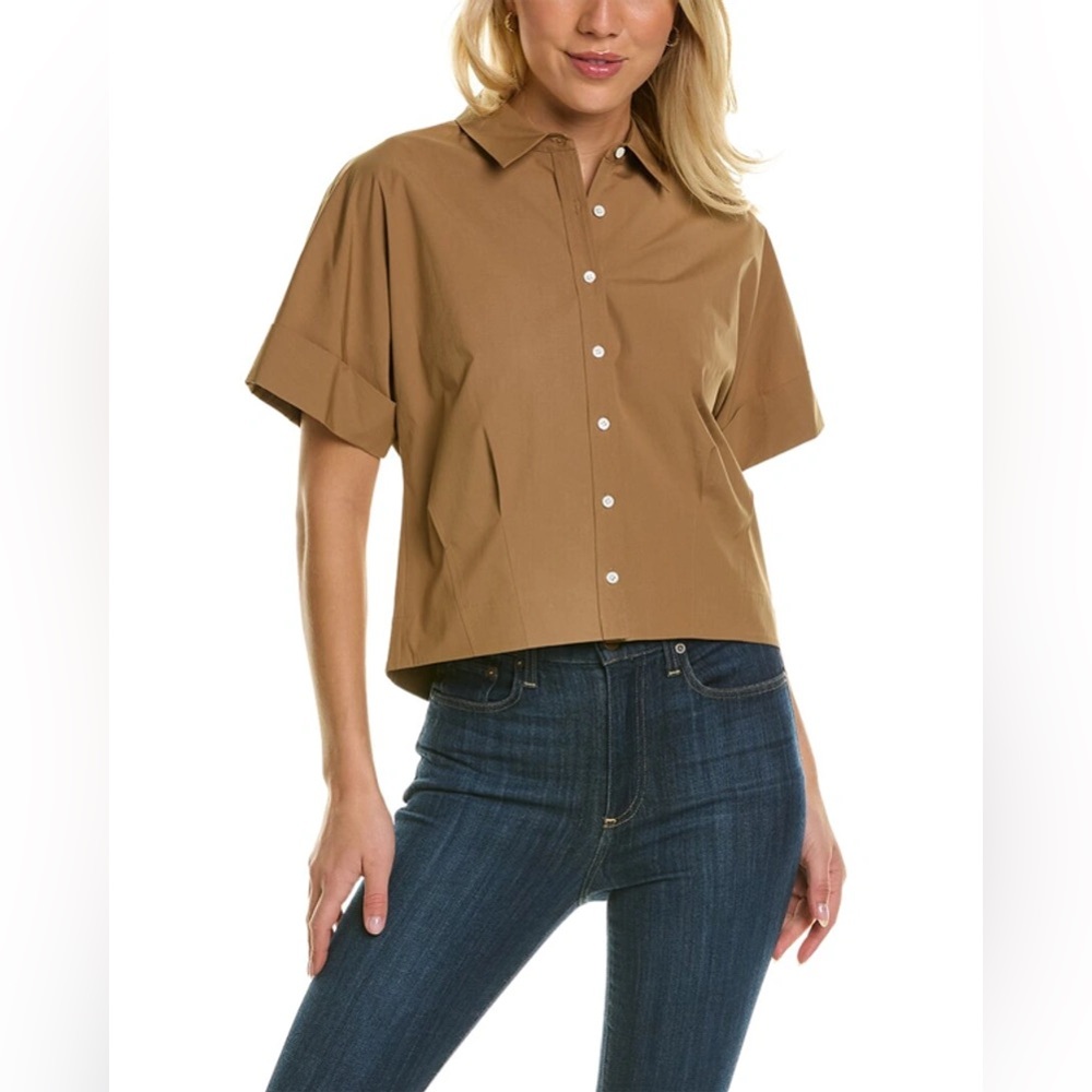 Theory Cropped Button Down Shirt in Bay Leaf